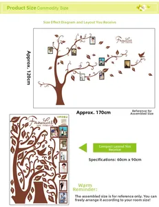 Detail showing the brown tree wall sticker layout and photo frame dimensions