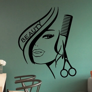 Sticker mural salon de coiffure avec silhouette féminine ciseaux et peigne décoratif