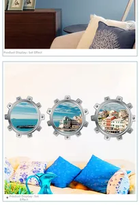 Three-piece set of 3D submarine porthole wall stickers with Mediterranean sea views