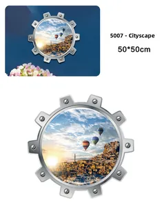 Sticker mural 3D 50x50cm avec cadre d'engrenage et paysage urbain de montgolfières
