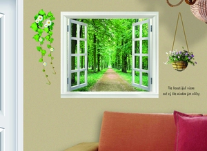 3D fake window wall decal featuring a lush green forest path for living room decor
