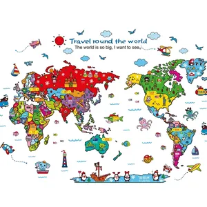 Colorful world map wall sticker for kids with animals and icons, size 118x83cm