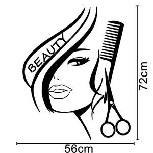 Dimensions détaillées d'un sticker mural de salon de coiffure de 56cm par 72cm