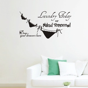 Modern laundry room wall decal with Naked Tomorrow quote and minimalist clothing silhouettes