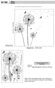 Detailed wall sticker size chart showing dandelion and butterfly layout measurements
