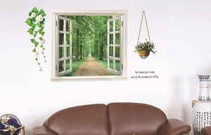 3D forest path faux window wall sticker set with hanging plant and daisy vine decor