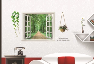 3D fake window wall sticker featuring a forest path and white daisy vines for home decor