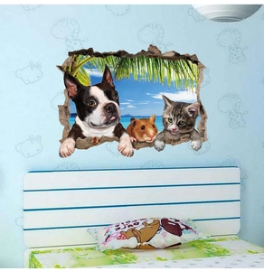 3D removable wall decal with cute cat dog hamster and tropical beach window view