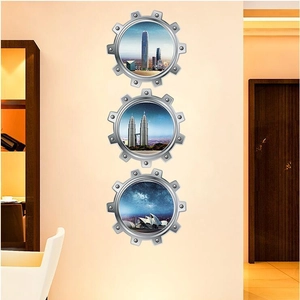 Set of three 3D submarine porthole wall stickers featuring city landmarks for home decor