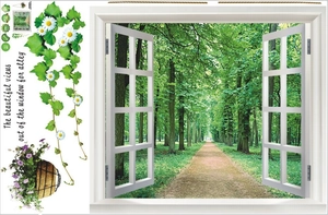 3D fake window wall decal featuring a forest path with daisy plants and floral basket