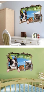 Detail view of 3D animal wall sticker showing pets through a broken wall on home background