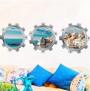 3D submarine porthole wall decals with Mediterranean coastal scenery for home decor