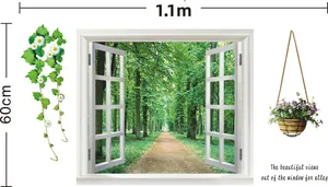 Detail view of 3D window wall sticker showing a forest path with dimensions 1.1m by 60cm