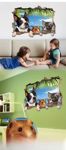 Detail view of 3D animal wall sticker featuring dog, cat and hamster on home walls
