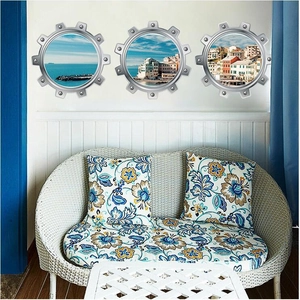 3-Piece set of submarine porthole wall stickers featuring blue sea and city views for home decor