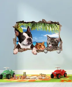 3D waterproof wall sticker featuring cats dogs and hamsters with tropical beach scenery