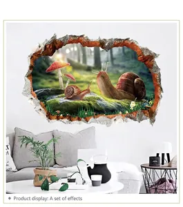 3D broken wall decal with snails and forest mushrooms in a modern living room
