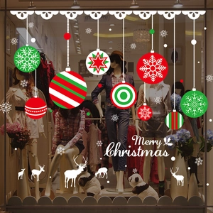 Christmas window decals with colorful baubles and white reindeer for shop decoration