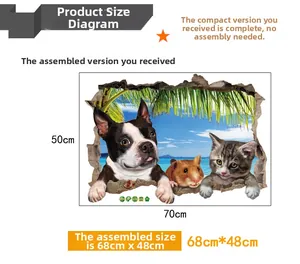 Detailed size schematic diagram for 3D animal wall stickers with 68cm x 48cm finished size
