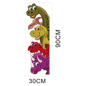Detailed vertical layout showing five colorful cartoon dinosaur wall stickers on white backdrop