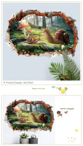 3D forest wall sticker with realistic snail and red mushrooms for creative room decor