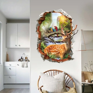 3D forest deer wall sticker with waterfall and parrots breaking through the white wall