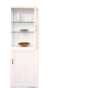 White minimalist wooden storage cabinet with glass display shelves and gold vintage handles