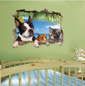 3D wall sticker featuring a cat, dog, and hamster looking through a broken wall hole