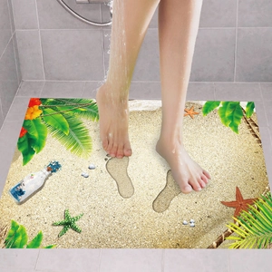 3D beach footprints PVC floor sticker in a bathroom setting with shower scenario