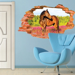 3D wall sticker featuring a horse and flowers with a creative broken brick wall effect