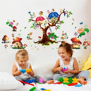 Sticker Mural Dessin Animé Fée Arbre Maison Champignon Amovible PVC Imperméable DIY Forêt Thème Décalcomanie pour Chambre d'Enfant