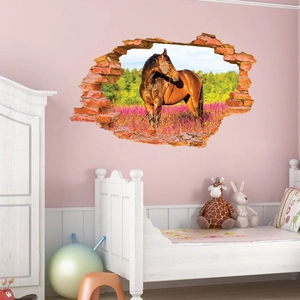 3D wall sticker featuring a brown horse breaking through a red brick wall in a floral field