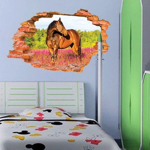 3D wall sticker featuring a brown horse and pink flowers with a cracked brick wall effect