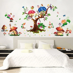 Stickers muraux forêt colorée avec arbre, maison champignon et fée pour enfant