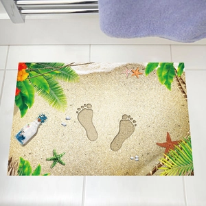 3D beach footprint pattern bathroom floor mat with starfish and palm leaf design