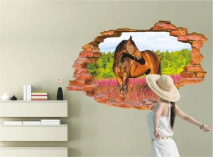 3D wall decal showing a brown horse in a flower field through a broken brick wall