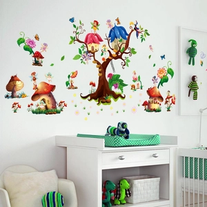 Stickers muraux féeriques avec maison de fée et papillons pour décoration de chambre enfant