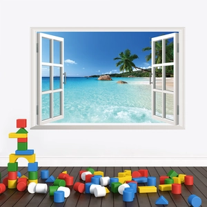 3D ocean view window wall sticker with tropical beach and palm trees for room decor