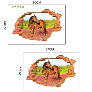 3D wall decal showing a brown horse in a pink flower field with broken wall effect