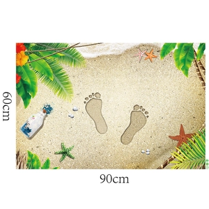 Macro view of 3D beach footprint floor sticker with hibiscus and starfish, 90cm x 60cm