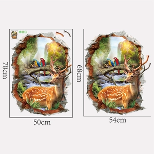 Detail view of 3D forest wall sticker showing deer and parrot motifs in two size variants