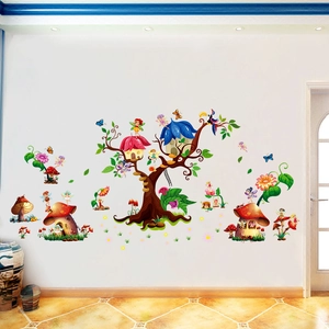 Stickers muraux cabane de fée pour chambre d'enfant avec papillons et fleurs magiques