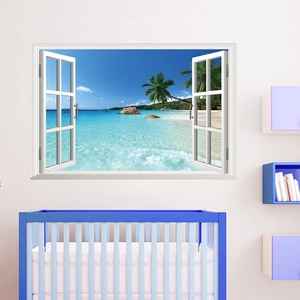 3D False Window Wall Sticker Tropical Beach Seaview Removable PVC Wall Decal For Living Room Bedroom Home Decor Art Mural
