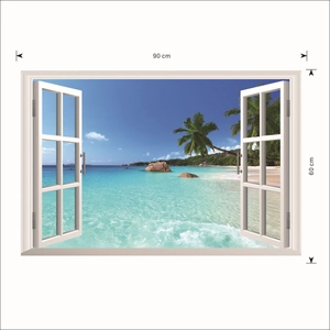 3D ocean beach false window wall sticker with palm trees and blue sea view 90x60cm