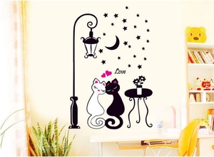 Romantic black and white couple cats wall sticker with street lamp and stars for bedroom