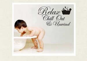 Relax Chill Out Unwind bathroom wall decal featuring a bathtub icon for spa wall decor