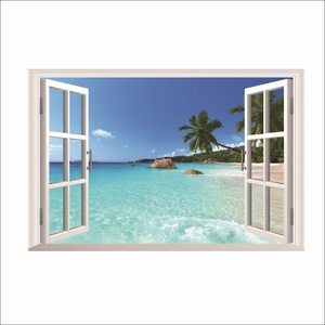 3D ocean view faux window wall decal with tropical beach and palm trees for home decor