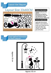 Cartoon black and white cat couple wall decals with lamp post and stars for bedroom decor