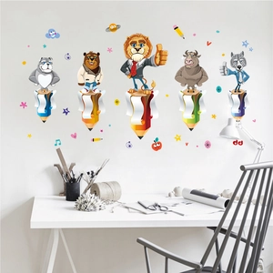 Cartoon animals on colored pencils wall decals for children's room bedroom decor