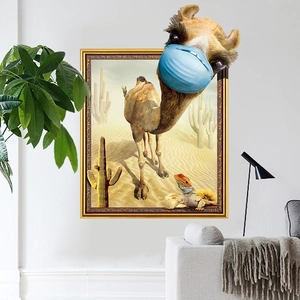 3D wall art featuring a funny camel in a desert landscape with cactus for home decor